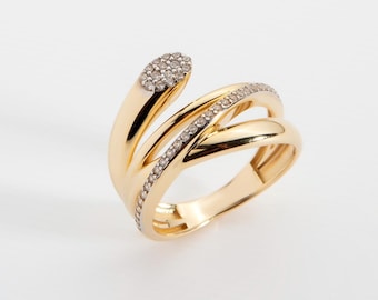 14k Solid Gold Wrap Ring, Diamond Spiral Ring, Statement Ring for Women, Bold Gold Ring, Pave Spiral Ring, Thick Gold Band, Multi Row Ring