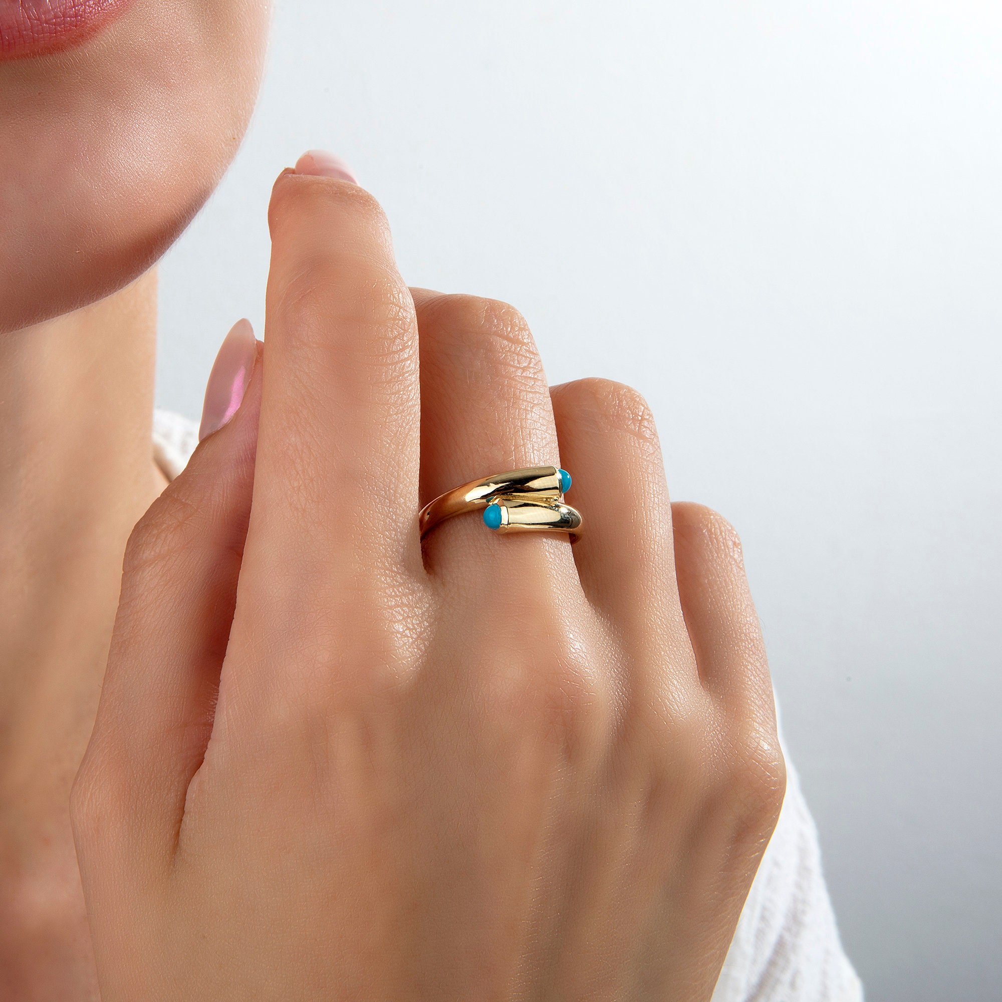 14k Real Gold Two Turquoise Spiral Ring, Adjustable Ring, Turquoise ...