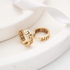 Greek Key Hoop Earrings, 14k solid Gold Meander Greek Earrings, Valentines Days Gift for her, Greek Key Jewelry, Eternity Symbol