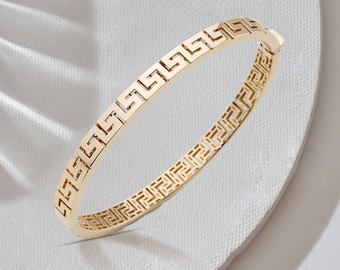 14k Solid Gold Greek Key Bangle, Greka Motif Bangle, Meander Bangle, Christmas Gift for Her, Greek Key Jewelry For Women, Gift for Mom