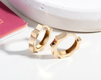 14k Solid Gold Hexagon Hoop Earrings, Tiny Gold Geometric Hoop Earrings, Hexagon Small Hoop Earrings, Valentines Day Gift for Her