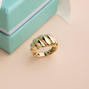 14k Solid Gold French Croissant Ring, Thick Band Ring, Large Twist Rope Ring for Women, Solid Gold Dome Ring, Minimalist Fine Jewelry
