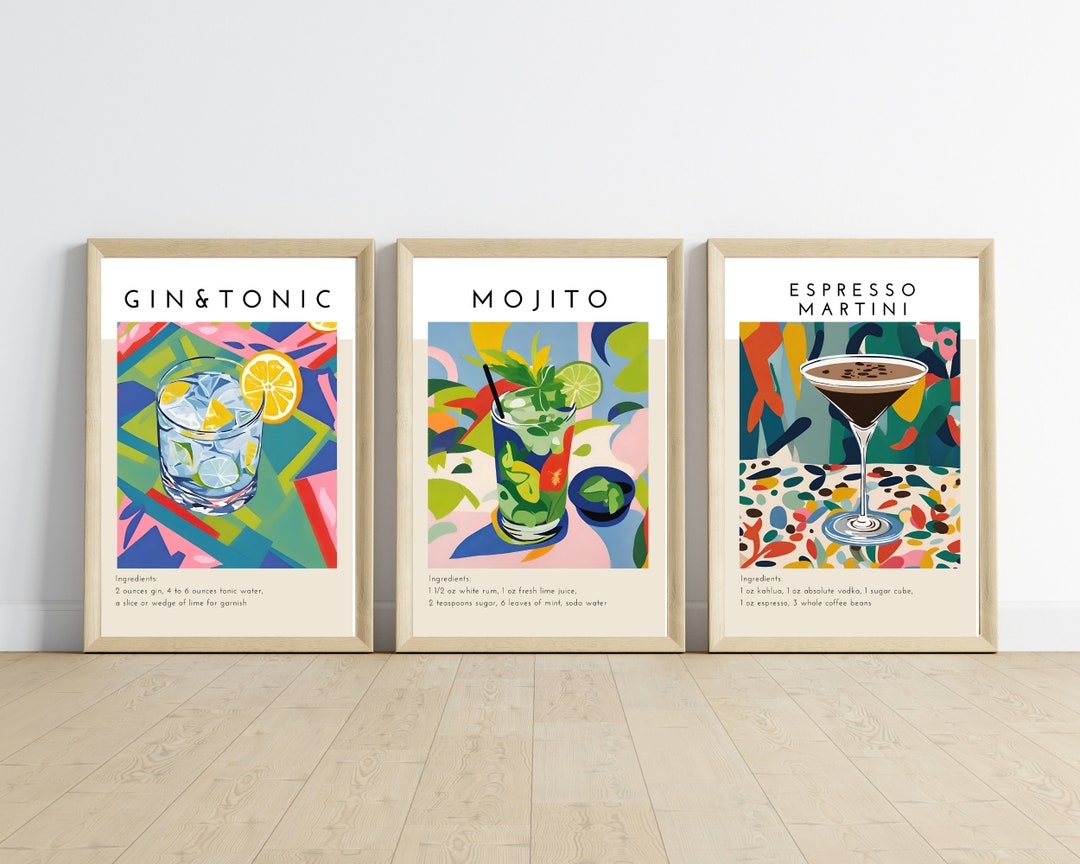 printable kitchen prints wall art, set of 6, hand... Cocktail Recipe Print Set: Minimalist Bar Wall Art (digital Download ...