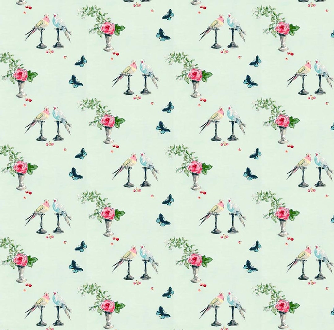 Printable Dolls House Wallpaper 1/12th Scale Vintage Floral Birds Green D107 Digital Download UK