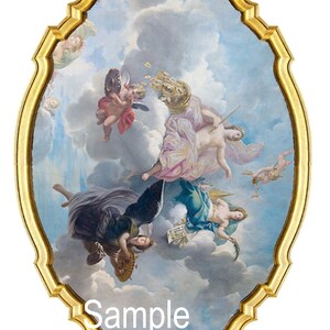 May include: A framed oval painting depicting a scene with multiple figures in the clouds. The figures are dressed in flowing robes and have wings. The painting is set against a blue sky with white clouds. The frame is gold and has a decorative design.