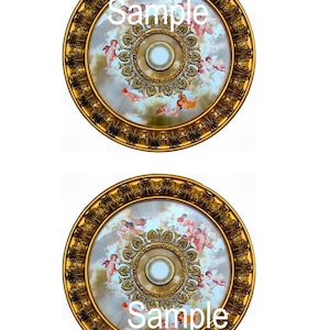 May include: Two gold-colored ceiling medallions with a white background and a design of cherubs and clouds. The medallions have a decorative border with a gold finish. The text "Sample" is printed on each medallion.