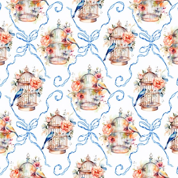 Printable Dolls House Wallpaper 1/12th Blue Ribbon Floral Birdcages Birds D825 Digital Download UK & US sizes Jpeg or PDF