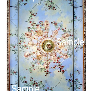 May include: A framed painting of a ceiling with a large chandelier and a floral design. The ceiling is painted to look like a sky with clouds and vines with red flowers.