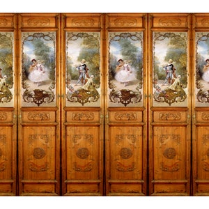 May include: A set of five wooden doors with carved details and painted glass panels depicting a couple dancing in a garden setting.