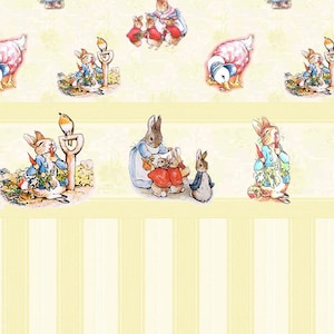 May include: A wallpaper border featuring a repeating pattern of Peter Rabbit characters in blue jackets and red capes, alongside ducks and birds on a pale yellow background. The design includes a section with vertical stripes in light yellow.