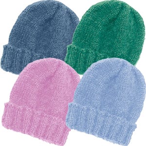 May include: Four fuzzy knit beanies in different colors: blue, green, pink, and light blue. The beanies are folded and arranged in a pile.