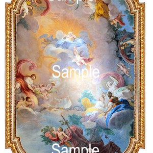 May include: A colorful painting depicting a scene from mythology. The painting features a central figure surrounded by clouds and cherubs, with other figures and symbols scattered throughout. The painting is framed in a gold frame.