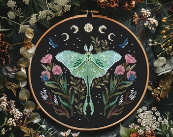 Luna moth cross stitch pattern PDF - digital download - gothic witchy moon phase nature floral modern insect night embroidery mystical CS61