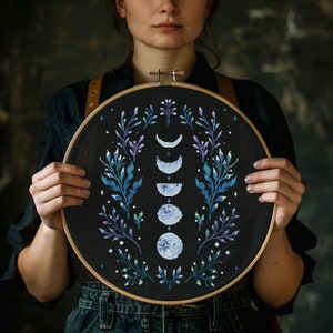 Winter witch cross stitch pattern PDF - moon phases astronomy forest decor black background mother nature night - digital download CS118