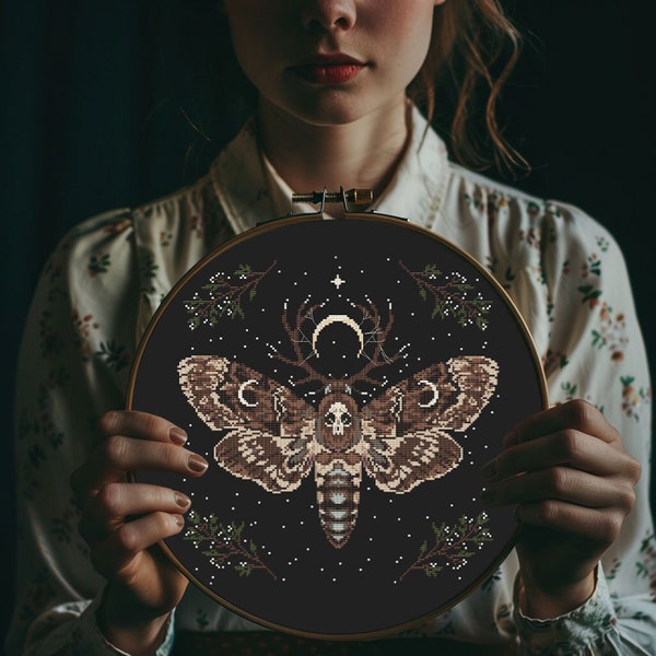 Death head moth cross stitch pattern PDF - black witch craft crescent moon butterfly insect modern gothic - digital download CS145