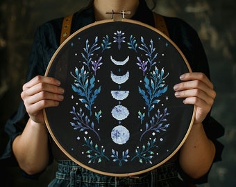 Winter witch cross stitch pattern PDF - moon phases astronomy forest decor black background mother nature night - digital download CS118