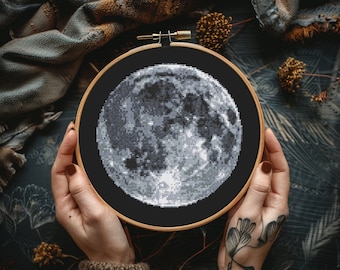 Moon cross stitch pattern PDF - modern space embroidery planet full moon witchy galaxy sky science night - digital download CS84