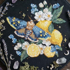 Puede incluir: Bordado de punto de cruz sobre tela negra con una polilla de alas azules y amarillas, limones y flores blancas. El bordado está enmarcado en un aro negro, rodeado de cristales, lavanda y musgo.