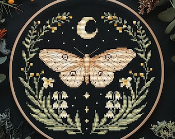 Moth and lilies of the valley cross stitch pattern PDF - digital download - insect moon flower witch needlework simple counted modern CS11