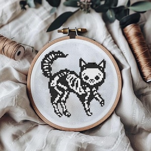 Skeleton cross stitch pattern PDF - digital download – easy Halloween cat decor gothic modern spooky embroidery CS46
