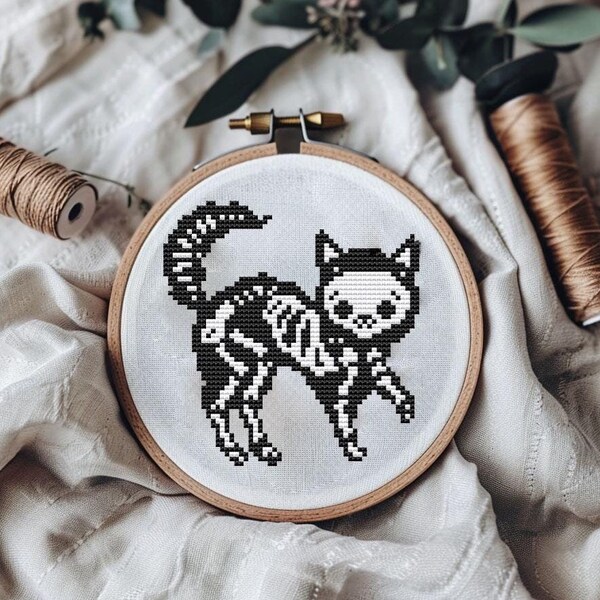 Patrón de punto de cruz de esqueleto (PDF) - descarga digital - Decoración gótica moderna de Halloween con diseño de gato, bordado espeluznante CS46