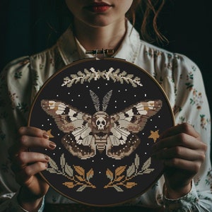 Death head moth cross stitch pattern PDF - black witch craft crescent moon butterfly insect modern gothic - digital download CS145