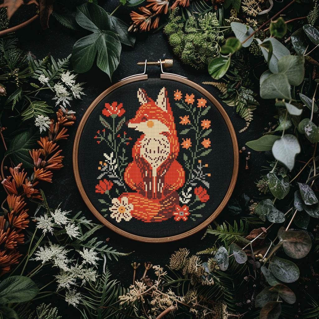 Primitive Fox cross stitch pattern PDF - digital download CS57
