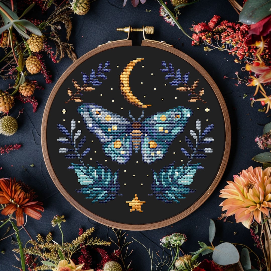Floral Moth Cross Stitch Pattern PDF - Crescent Moon Dark Academia Goth ...