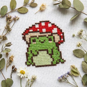Mushroom frog cross stitch pattern PDF - kawaii funny easy tiny frog lover gift small autumn goblincore cute - digital download CS162