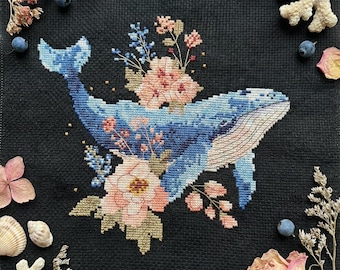 Floral Whale cross stitch pattern PDF - digital download CS70