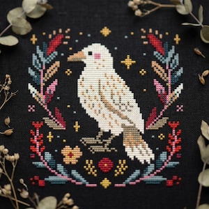 White Raven Cross Stitch Pattern | Primitive Bird Embroidery PDF | Mystical Dark Sampler - digital download CS76