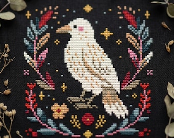 White Raven Cross Stitch Pattern | Primitive Bird Embroidery PDF | Mystical Dark Sampler - digital download CS76