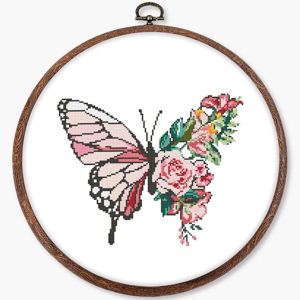 Butterfly cross stitch pattern PDF - digital download - modern fairy flowers nature insect chart floral bouquet CS14