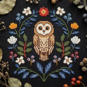 Motif de point de croix hibou – broderie folk de chouette – nuit des bois PDF – grille d'art populaire moderne CS95