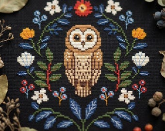 Owl Cross Stitch Pattern – Folk Owl Embroidery – Woodland Night PDF – Modern Folk Art Chart  CS95