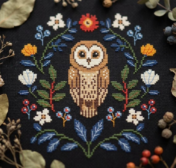 Owl Cross Stitch Pattern – Folk Owl Embroidery – Woodland Night PDF – Modern Folk Art Chart  CS95