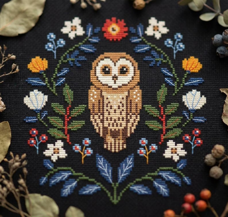 Owl Cross Stitch Pattern – Folk Owl Embroidery – Woodland Night PDF – Modern Folk Art Chart CS95 image 1