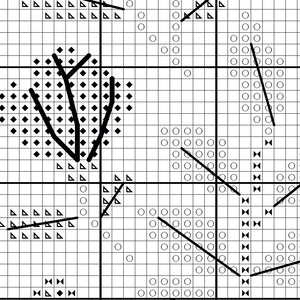May include: A cross-stitch pattern chart with a floral design. The chart features a grid with various symbols, including diamonds, triangles, and circles, forming a detailed illustration. The design includes a central flower with a stem and leaves.