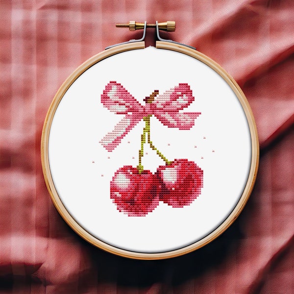 Cherry bow cross stitch pattern PDF - coquette aesthetic female small  berry modern summer simple CS18