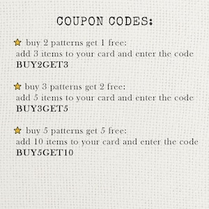 May include: Text on a cream-colored background reads "COUPON CODES:" followed by three promotional offers. The offers include "buy 2 patterns get 1 free," "buy 3 patterns get 2 free," and "buy 5 patterns get 5 free."