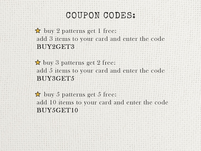 May include: Text on a cream-colored background reads "COUPON CODES:" followed by three promotional offers. The offers include "buy 2 patterns get 1 free," "buy 3 patterns get 2 free," and "buy 5 patterns get 5 free."