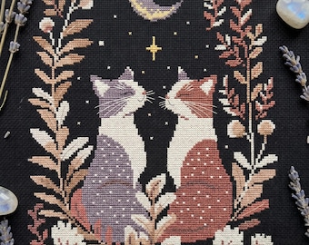Cat Cross Stitch Pattern PDF, Witchy Cat Embroidery, Moonlight Cottagecore Decor, Folk Cat Art, Black Background Cross Stitch Chart CS130