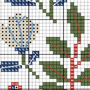 May include: A cross-stitch pattern featuring floral and leaf motifs. The design includes a central stem in red, surrounded by green leaves. Blue and white accents highlight the floral elements, set against a grid background, perfect for needlecraft enthusiasts.