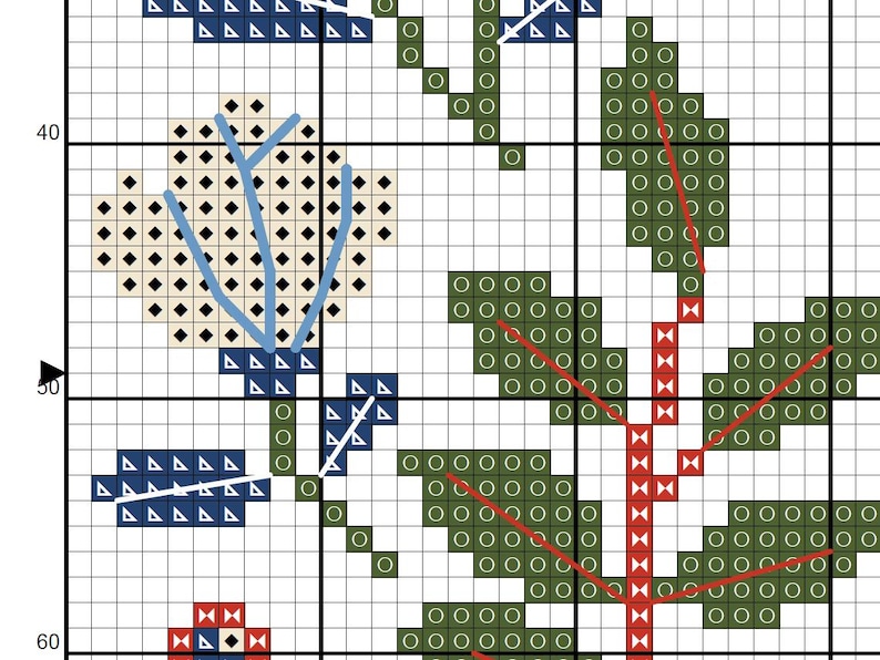May include: A cross-stitch pattern featuring floral and leaf motifs. The design includes a central stem in red, surrounded by green leaves. Blue and white accents highlight the floral elements, set against a grid background, perfect for needlecraft enthusiasts.