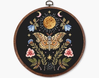 Moth cross stitch pattern PDF - digital download - insect butterfly embroidery witch flower magic modern CS4