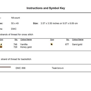 Puede incluir: Instrucciones y clave de s&iacute;mbolos para punto de cruz. La imagen muestra detalles de la tela, incluyendo 14 puntos, 50 x 49 puntadas y un tama&ntilde;o de 9,07 x 8,89 cm. Los nombres de los colores incluyen Vainilla, Honey Gold y Sand Gold. Se utilizan colores de hilo DMC.