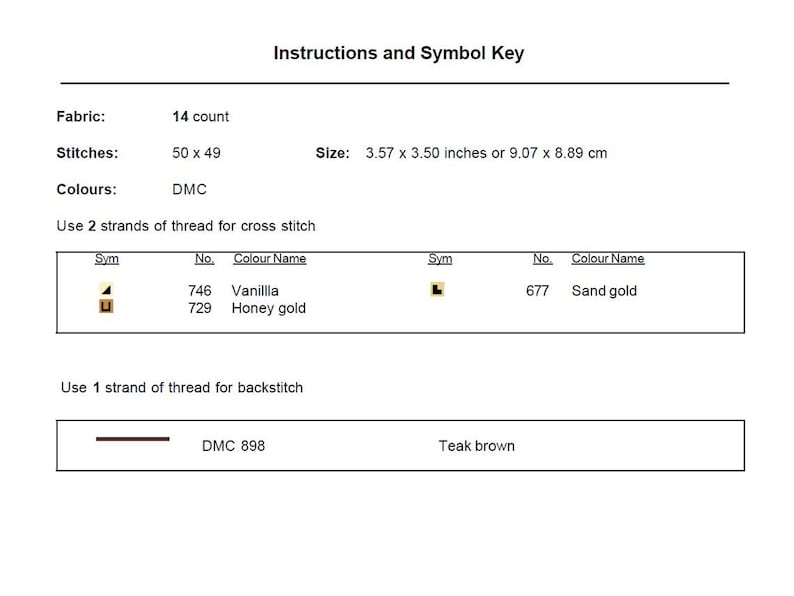 Puede incluir: Instrucciones y clave de s&iacute;mbolos para punto de cruz. La imagen muestra detalles de la tela, incluyendo 14 puntos, 50 x 49 puntadas y un tama&ntilde;o de 9,07 x 8,89 cm. Los nombres de los colores incluyen Vainilla, Honey Gold y Sand Gold. Se utilizan colores de hilo DMC.