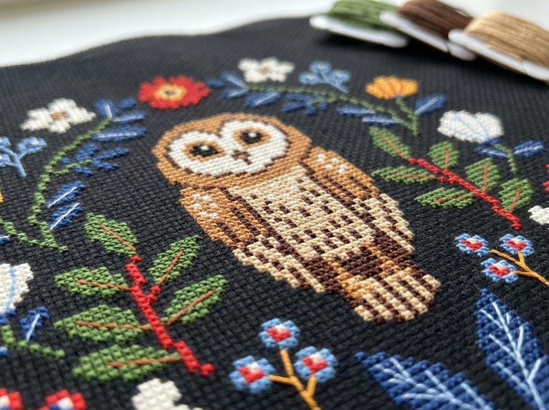 Owl Cross Stitch Pattern – Folk Owl Embroidery – Woodland Night PDF – Modern Folk Art Chart CS95 image 4