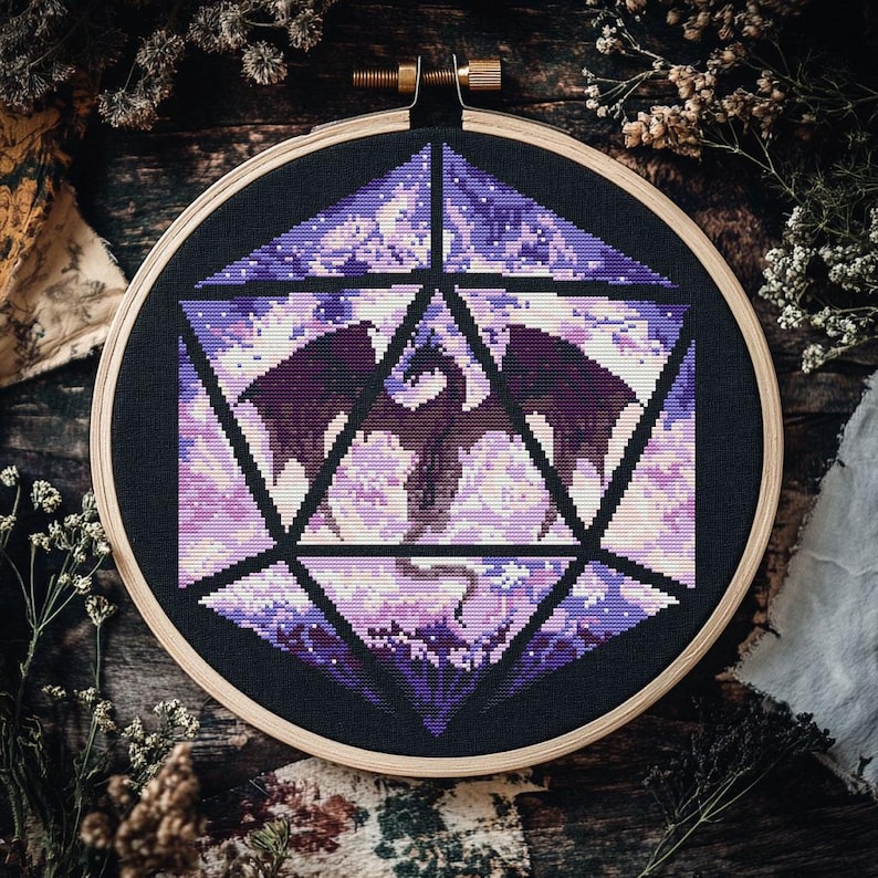 Dragon dice cross stitch pattern PDF - digital download – dnd dungeons and dragons fantasy d20 geeky nerdy embroidery magic gift gamer CS52 image 1