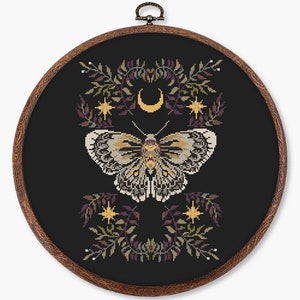 Moth sampler cross stitch pattern PDF - witchy butterfly cottagecore insect large mystical modern unique forest - digital download CS157b